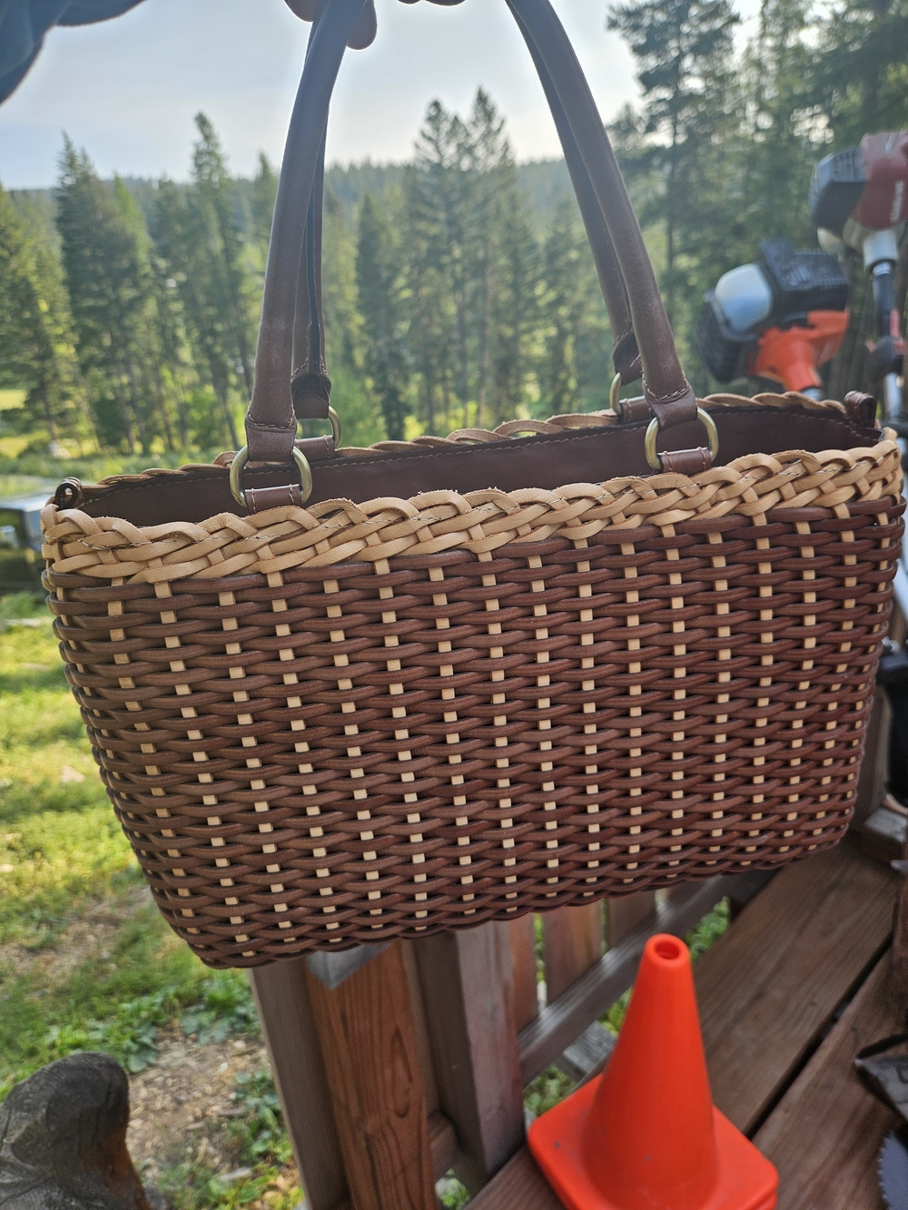 Vera Pelle Woven Two-Tone Brown and Tan Tote Bag. Italian Leather
